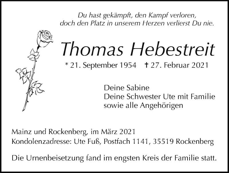  Traueranzeige für Thomas Hebestreit vom 20.03.2021 aus Giessener Allgemeine, Alsfelder Allgemeine