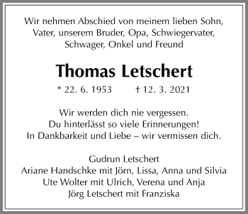 Traueranzeige von Thomas Letschert von Giessener Allgemeine, Alsfelder Allgemeine