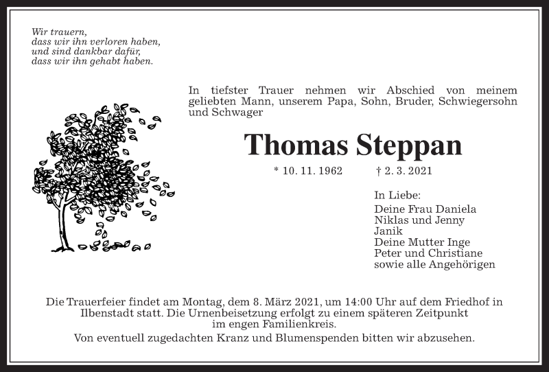  Traueranzeige für Thomas Steppan vom 06.03.2021 aus Wetterauer Zeitung