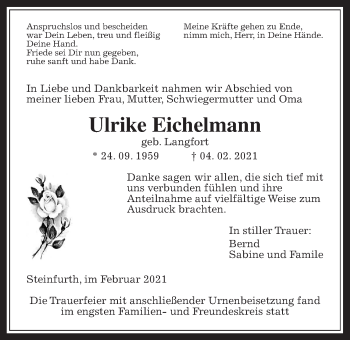 Traueranzeige von Ulrike Eichelmann von Wetterauer Zeitung