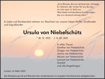 Traueranzeige von Ursula von Niebelschütz von Giessener Allgemeine, Alsfelder Allgemeine
