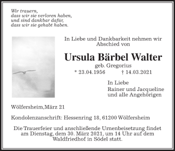 Traueranzeige von Ursula Bärbel Walter von Wetterauer Zeitung