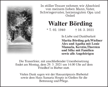 Traueranzeige von Walter Börding von Giessener Allgemeine, Alsfelder Allgemeine