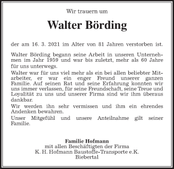 Traueranzeige von Walter Börding von Giessener Allgemeine, Alsfelder Allgemeine
