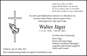 Traueranzeige von Walter Jäger von Giessener Allgemeine, Alsfelder Allgemeine
