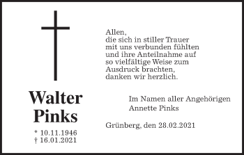 Traueranzeige von Walter Pinks von Giessener Allgemeine, Alsfelder Allgemeine