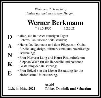 Traueranzeige von Werner Berkmann von Licher Wochenblatt