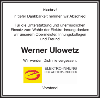 Traueranzeige von Werner Ulowetz von Wetterauer Zeitung