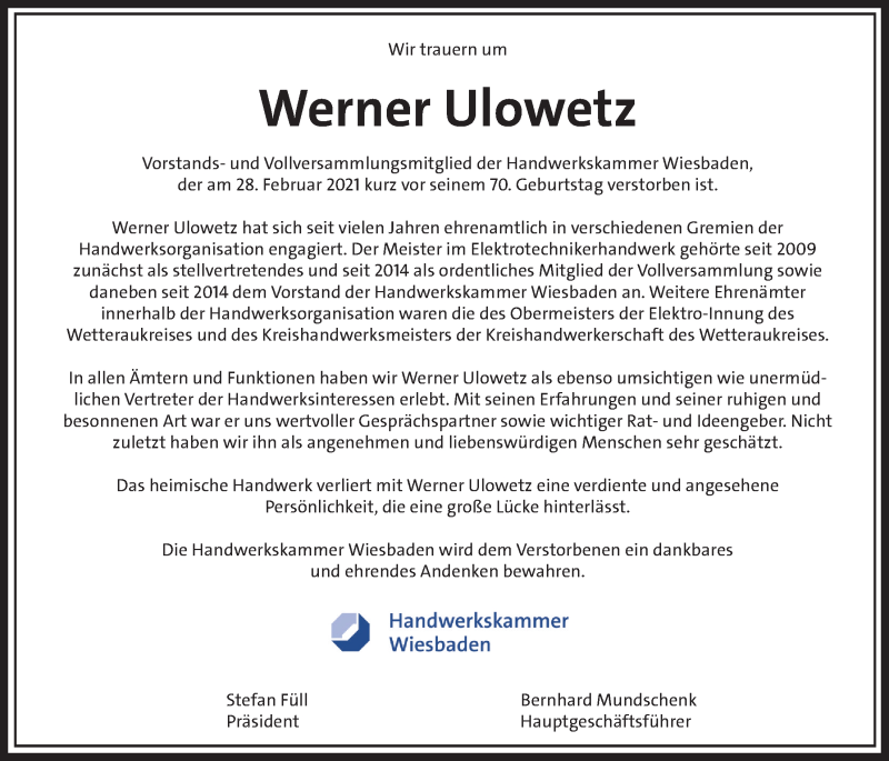  Traueranzeige für Werner Ulowetz vom 03.03.2021 aus Wetterauer Zeitung