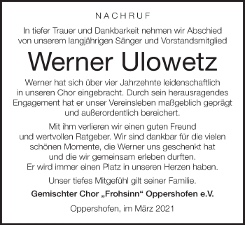 Traueranzeige von Werner Ulowetz von Wetterauer Zeitung
