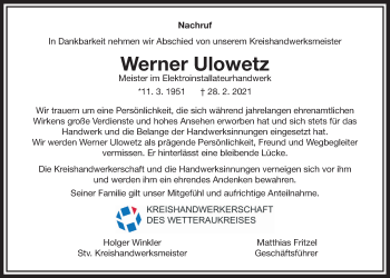 Traueranzeige von Werner Ulowetz von Wetterauer Zeitung