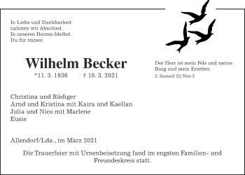 Traueranzeige von Wilhelm Becker von Giessener Allgemeine, Alsfelder Allgemeine