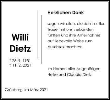 Traueranzeige von Willi Dietz von Giessener Allgemeine, Alsfelder Allgemeine