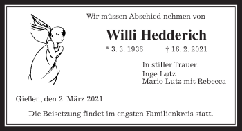 Traueranzeige von Willi Hedderich von Giessener Allgemeine, Alsfelder Allgemeine