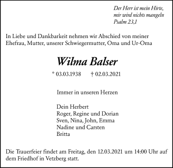 Traueranzeige von Wilma Balser von Giessener Allgemeine, Alsfelder Allgemeine