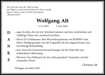 Traueranzeige von Wolfgang Alt von Licher Wochenblatt