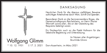 Traueranzeige von Wolfgang Glimm von Wetterauer Zeitung