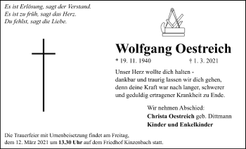 Traueranzeige von Wolfgang Oestreich von Giessener Allgemeine, Alsfelder Allgemeine