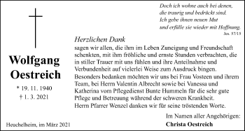 Traueranzeige von Wolfgang Oestreich von Giessener Allgemeine, Alsfelder Allgemeine