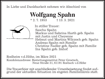 Traueranzeige von Wolfgang Spahn von Wetterauer Zeitung