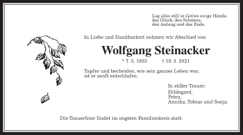 Traueranzeige von Wolfgang Steinacker von Wetterauer Zeitung
