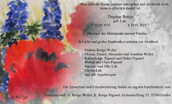 Traueranzeige von Dagmar Bettge 