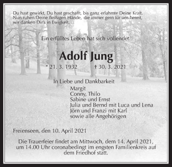 Traueranzeige von Adolf Jung von Giessener Allgemeine, Alsfelder Allgemeine