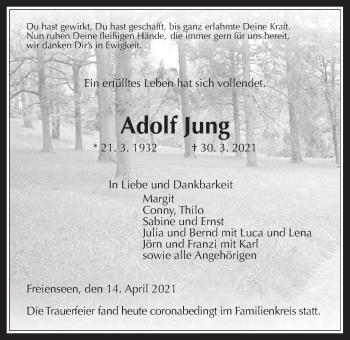 Traueranzeige von Adolf Jung von Laubacher Anzeiger