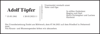 Traueranzeige von Adolf Töpfer von Wetterauer Zeitung