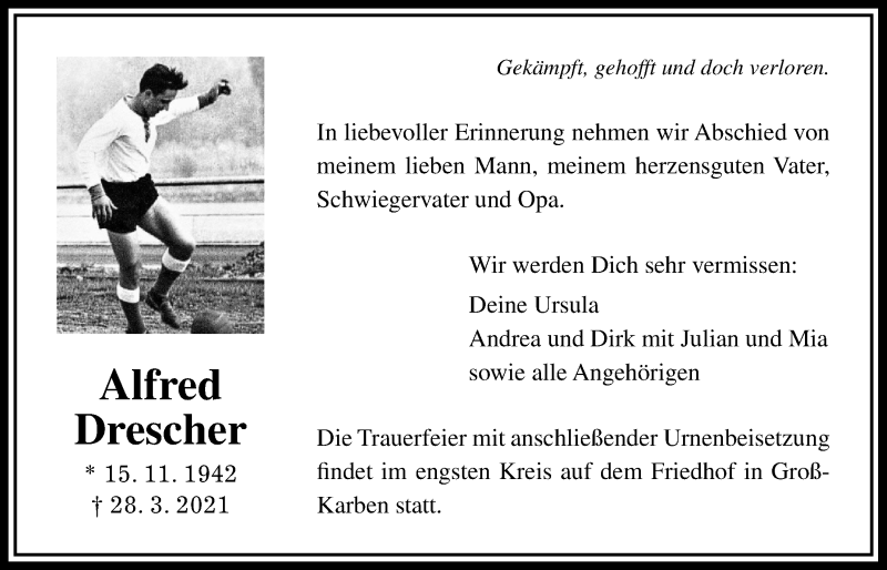  Traueranzeige für Alfred Drescher vom 03.04.2021 aus Wetterauer Zeitung