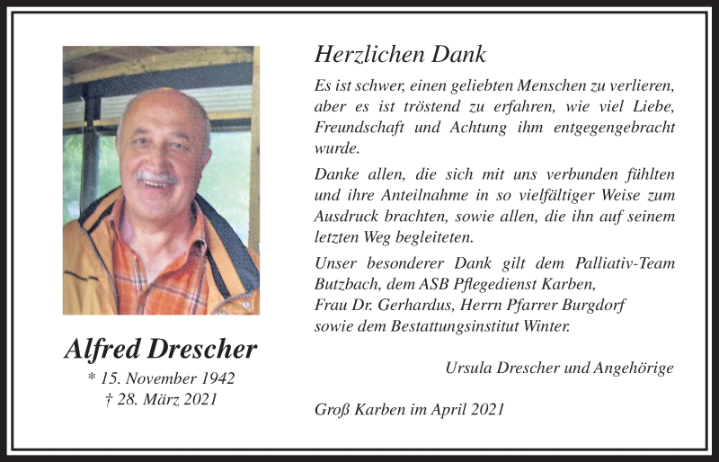  Traueranzeige für Alfred Drescher vom 29.04.2021 aus Bad Vilbel/Karben