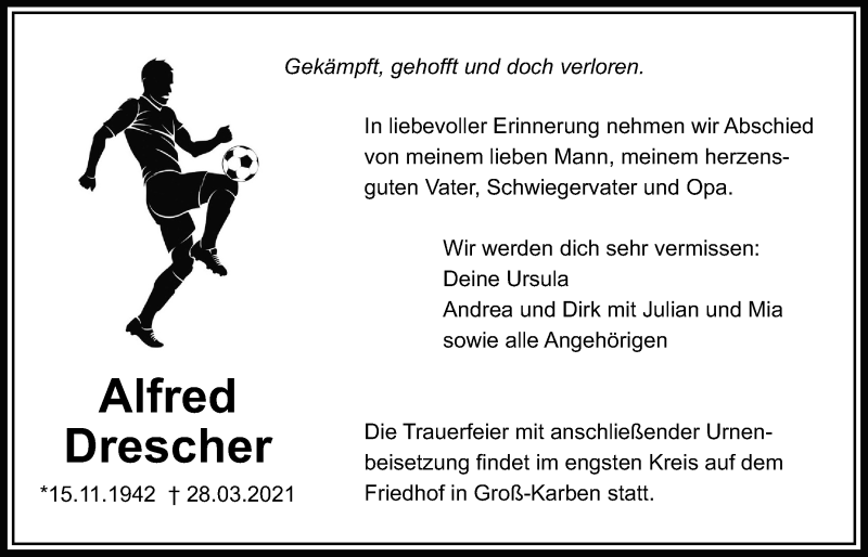  Traueranzeige für Alfred Drescher vom 01.04.2021 aus Bad Vilbel/Karben