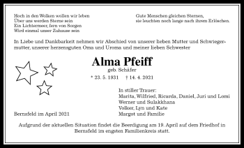 Traueranzeige von Alma Pfeiff von Giessener Allgemeine, Alsfelder Allgemeine