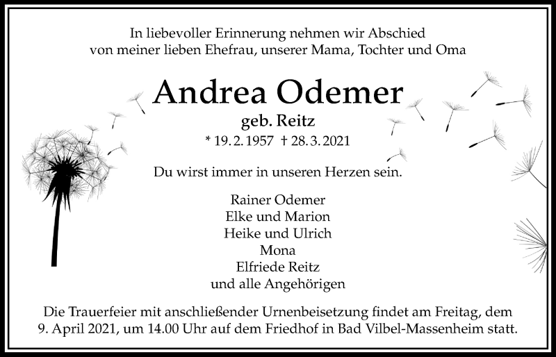  Traueranzeige für Andrea Odemer vom 01.04.2021 aus Wetterauer Zeitung