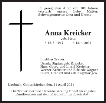 Traueranzeige von Anna Kreicker von Laubacher Anzeiger