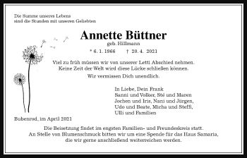 Traueranzeige von Annette Büttner von Giessener Allgemeine, Alsfelder Allgemeine