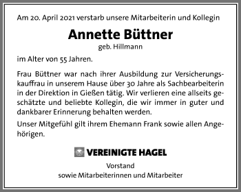 Traueranzeige von Annette Büttner von Giessener Allgemeine, Alsfelder Allgemeine