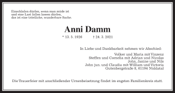 Traueranzeige von Anni Damm von Wetterauer Zeitung