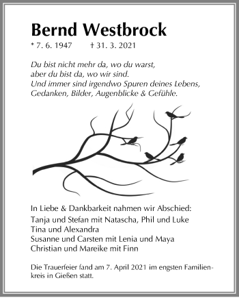 Traueranzeige von Bernd Westbrock von Giessener Allgemeine, Alsfelder Allgemeine