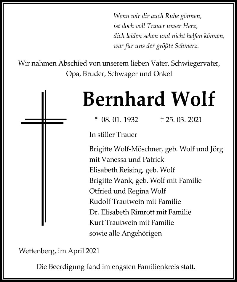  Traueranzeige für Bernhard Wolf vom 03.04.2021 aus Giessener Allgemeine, Alsfelder Allgemeine