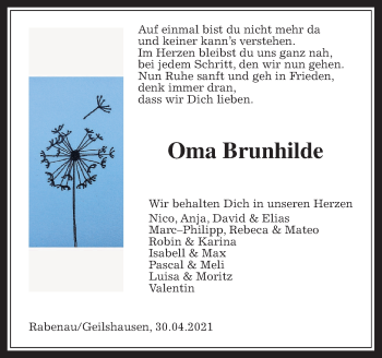 Traueranzeige von Brunhilde Ranft von Giessener Allgemeine, Alsfelder Allgemeine