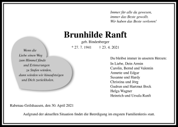 Traueranzeige von Brunhilde Ranft von Giessener Allgemeine, Alsfelder Allgemeine