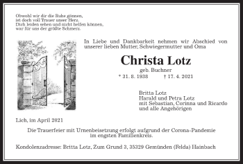 Traueranzeige von Christa Lotz von Giessener Allgemeine, Alsfelder Allgemeine