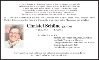 Traueranzeige von Christel Schöne von Giessener Allgemeine, Alsfelder Allgemeine