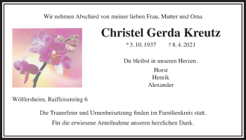 Traueranzeige von Christel Gerda Kreutz von Wetterauer Zeitung