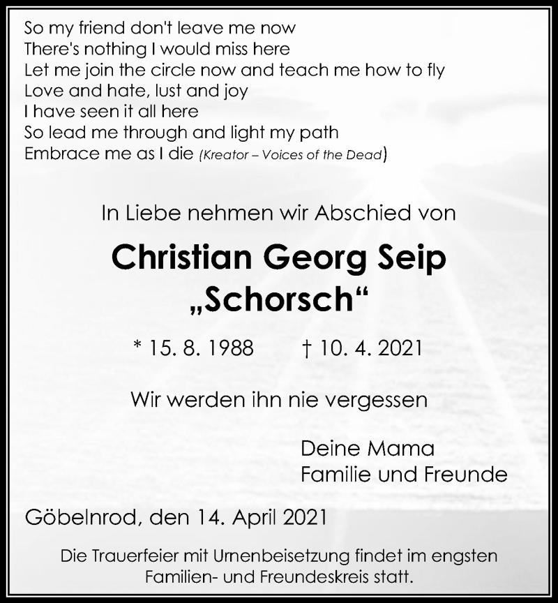  Traueranzeige für Christian Georg Seip vom 14.04.2021 aus Giessener Allgemeine, Alsfelder Allgemeine