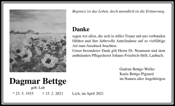Traueranzeige von Dagmar Bettge von Giessener Allgemeine, Alsfelder Allgemeine