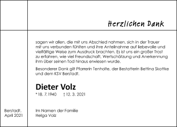 Traueranzeige von Dieter Volz von Wetterauer Zeitung