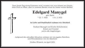 Traueranzeige von Edelgard Manygel von Giessener Allgemeine, Alsfelder Allgemeine