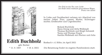Traueranzeige von Edith Buchholz von Wetterauer Zeitung